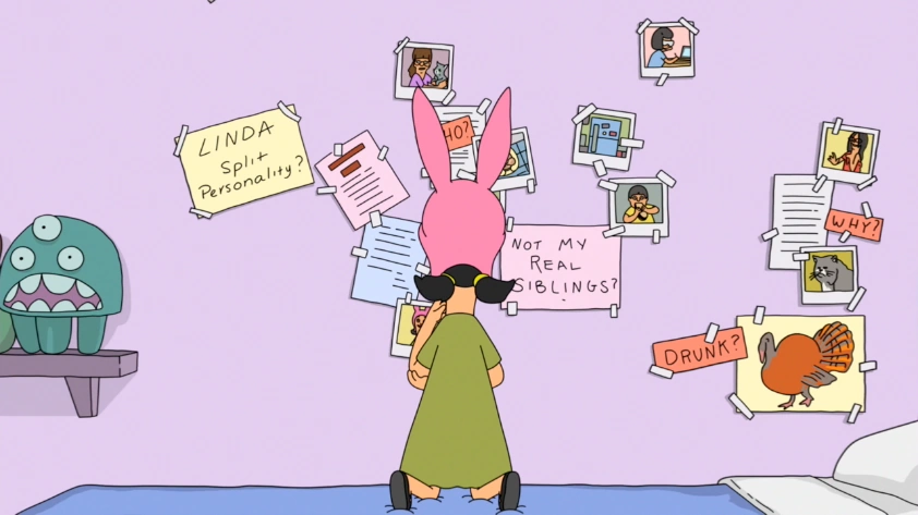 Louise Belcher's Conspiracy Wall. "Ah, it's almost too obvious!", she says (drawing wrong conclusions).